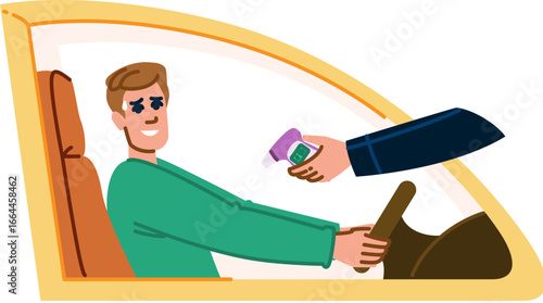 Doctor measuring driver body temperature with infrared thermometer in drive through testing point