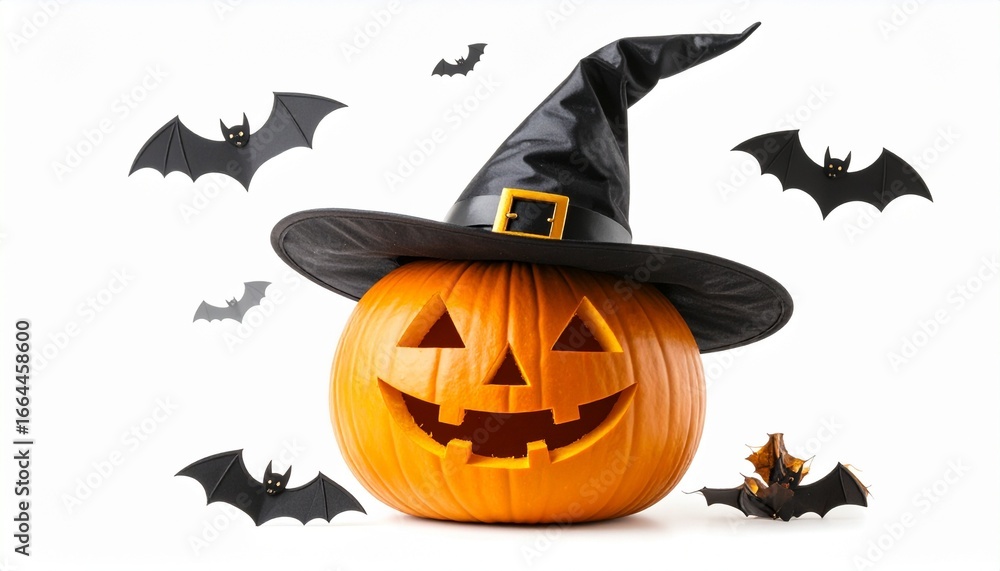 Fototapeta premium Halloween jack-o'-lantern with witch hat and flying bats.