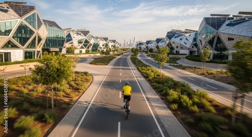 Cyclist Riding Through Masdar City Futuristic Architecture Sustainable Urban Planning Abu Dhabi United Arab Emirates