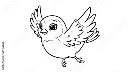 bird illustration in flight line art black white playful whimsical animal drawing for kids coloring page childrens book educational material design