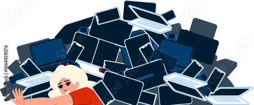 Woman suffocating under pile of electronic devices, stress and information overload
