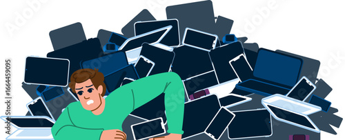 Stressed man drowning in pile of electronic devices, digital detox concept