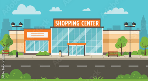 Modern Shopping Center with Glass Exterior and Entrance