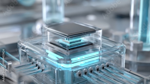 liquid processor chip glowing on a transparent pedestal in futuristic lab, surrounded by tubes and light beams