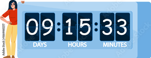 Woman leaning on giant digital countdown timer displaying nine days, fifteen hours and thirty three minutes