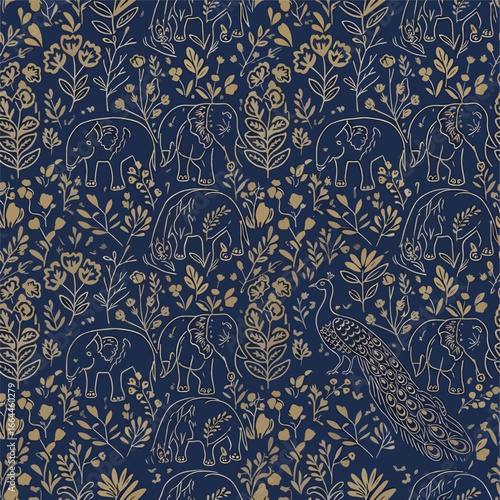 Seamless Pattern, Elegant pattern design featuring elephants peacocks and botanical elements Stock royalty free image.