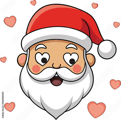 Festive Cartoon Santa Face with Hearts Spreading Love and Cheer