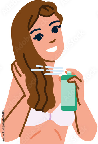 Smiling woman applying hairspray on long brown hair