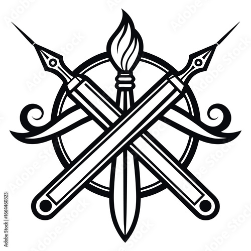 Vector art of crossed swords and flame emblem