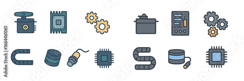Electronic and Mechanical Parts Icons Set, Minimalist flat design
