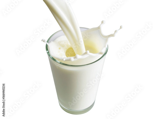 Top view of milk stream hitting glass with splashing droplets on pastel backdrop PNG