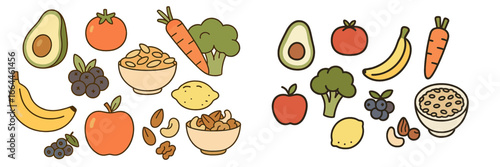 Assortment of Fresh Fruits Vegetables and Nuts, Minimalist flat