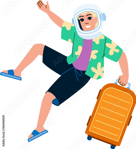 Tourist wearing spacesuit floating with suitcase in space travel