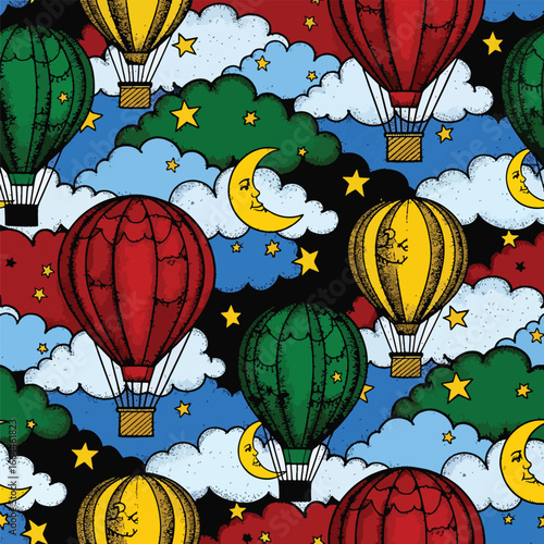 Seamless Pattern, Colorful hot air balloons float amidst clouds and stars whimsical illustration Stock royalty free image.