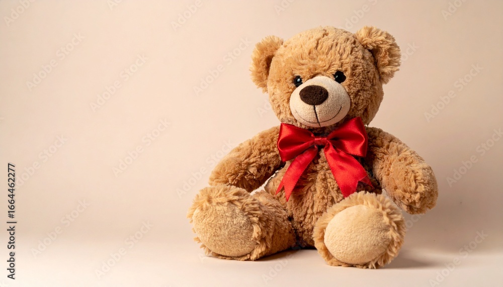 Obraz premium Teddy bear with red bow tie on soft neutral background.