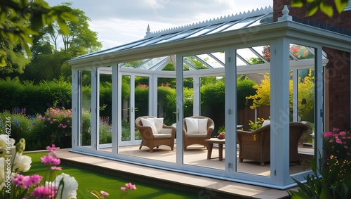 Relaxing in a bright sunroom with comfortable wicker chairs and a beautiful garden view, perfect for cozy afternoons and enjoying nature