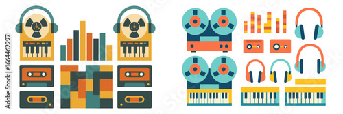 Vintage Audio Gear Set, Minimalist flat design, isolated on white
