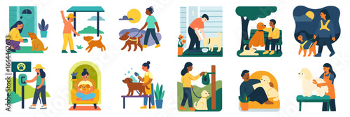 People and dogs engaged in diverse activities, Minimalist flat design
