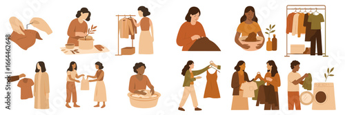 People doing domestic chores and clothing care, Minimalist flat