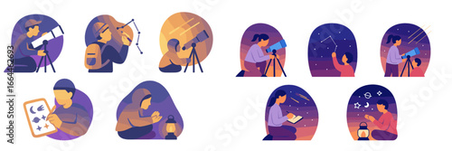 People observing night sky with telescopes and drawing constellations