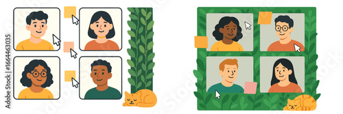 Diverse people in video conference grid, Minimalist flat design