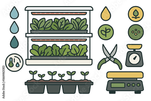 Indoor Garden Seedlings and Supplies, Minimalist flat design