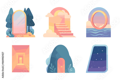 Surreal glowing portals and gateways, Minimalist flat design