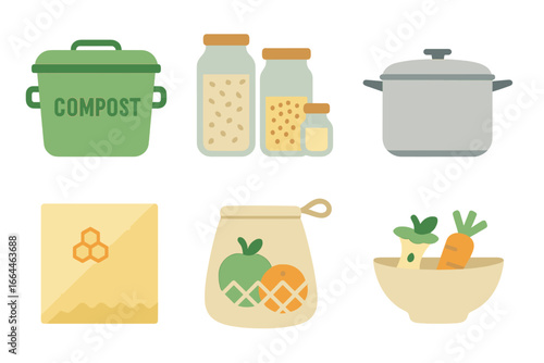Sustainable living and healthy eating icons, Minimalist flat design