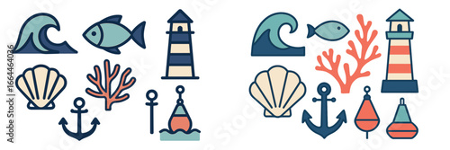 Nautical Icons with Waves, Lighthouses, and Marine Life