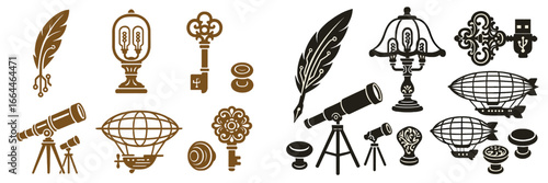Steampunk Style Icons Set, Minimalist flat design