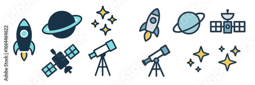 Space exploration icons: rockets, planets, satellites, telescopes