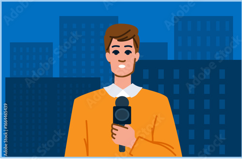 Reporter broadcasting live news from city at night