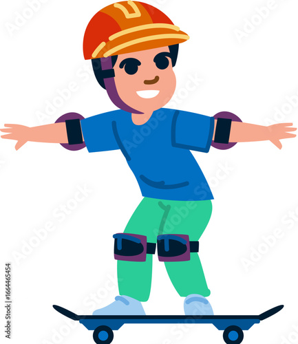 Young boy wearing protective gear skateboarding with open arms