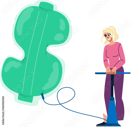Businesswoman inflating dollar sign balloon with pump