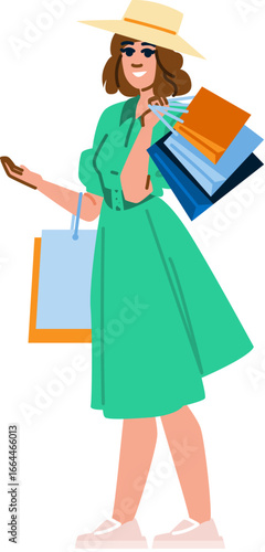 Happy shopper holding shopping bags and showing something