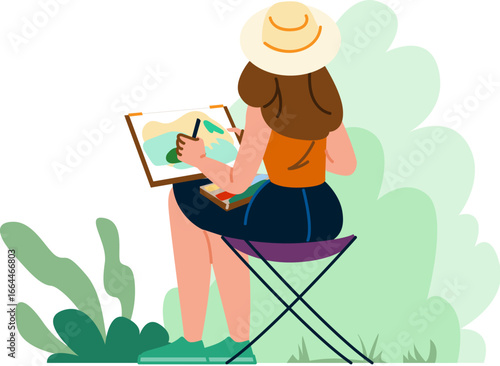 Woman artist painting a landscape sitting on a stool in nature