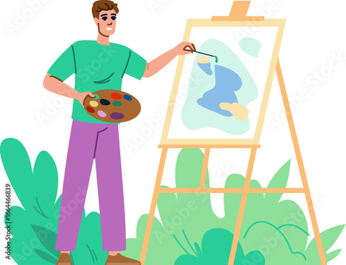 Young artist painting on canvas in nature using easel and palette