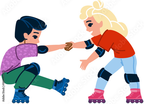 Children wearing protective gear helping each other roller skating