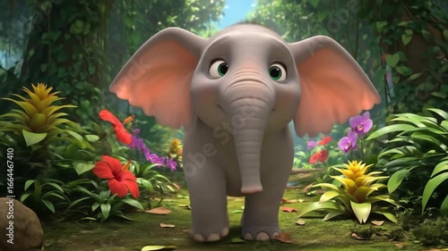 Animated Baby Elephant Exploring a Vibrant Tropical Jungle with Colorful Flowers and Lush Greenery in a Charming 3D Cartoon Style