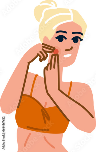 Young woman squeezing pimple on face suffering from acne