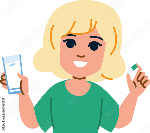 Smiling woman holding pill and glass of water promoting healthy lifestyle