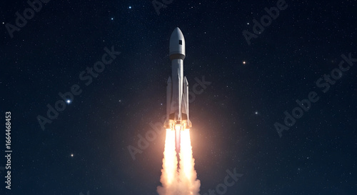A rocket is launching into space at night, with stars visible in the background, representing space exploration, technology, and the future of travel
