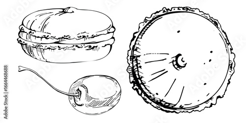 Macaron cookies with mousse centers, marzipan pastry, and ripe cherries in vector ink. Isolated hand drawn illustration. Food packaging, cafe menu layouts, social media graphics, dessert recipe cards.