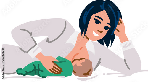 Smiling mother breastfeeding her newborn baby on white background