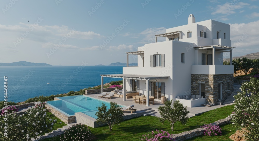 Fototapeta premium Luxury Mediterranean Villa with Infinity Pool and Panoramic Sea View
