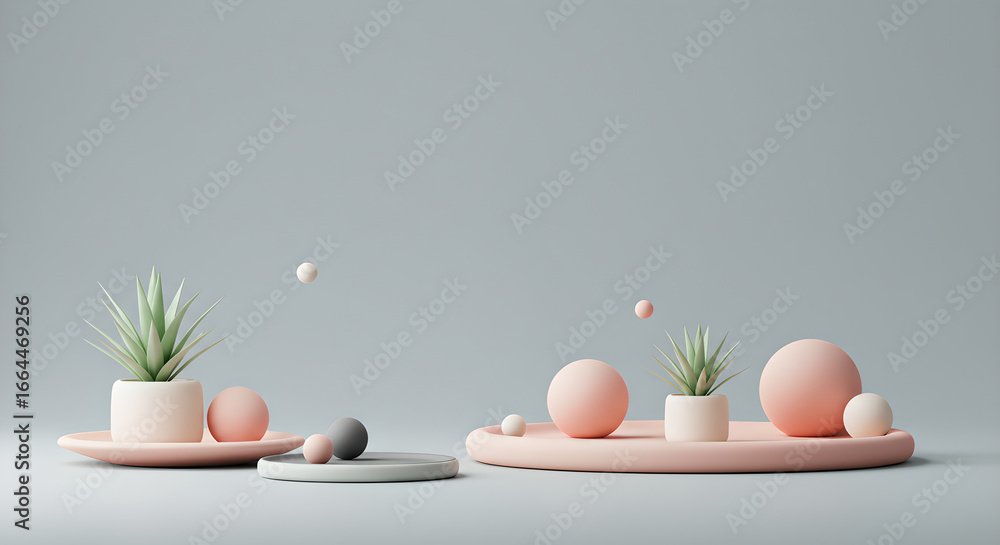 Fototapeta premium Minimalist Studio Scene with Pastel Trays, Geometric Spheres, and Green Plants on a Grey Background