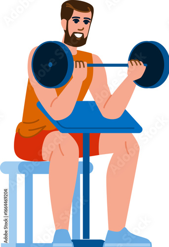 Strong man lifting weights, exercising biceps in gym