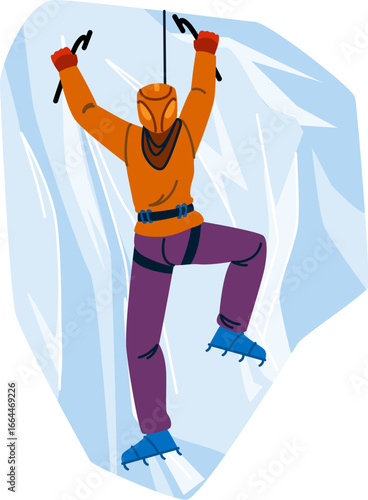 Mountain climber ascending icy cliff using ice axes and crampons