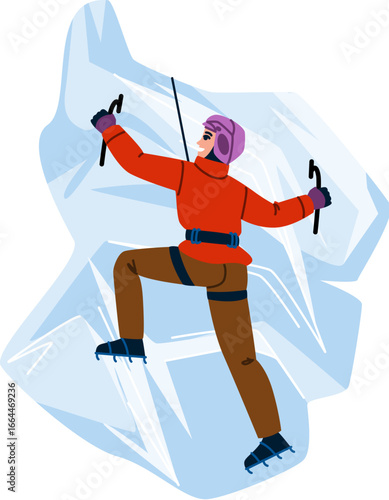 Mountain climber ascending icy cliff face using ice axes and crampons