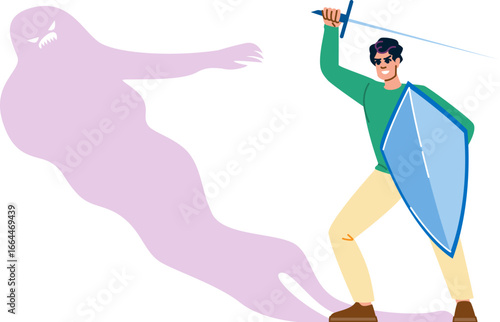 Man fighting inner demons with sword and shield